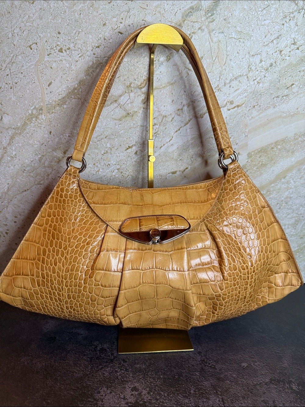 🤎 Authentic Furla Made in Italy Crocodile Embossed Leather Shoulder Bag